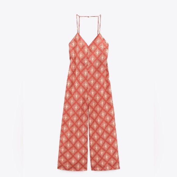Zara NWOT Printed The Jami Print Jumpsuit orange/creme size Small - Picture 9 of 9